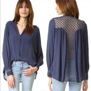 Free People Lace Back High Low Hem L/S Navy Blouse